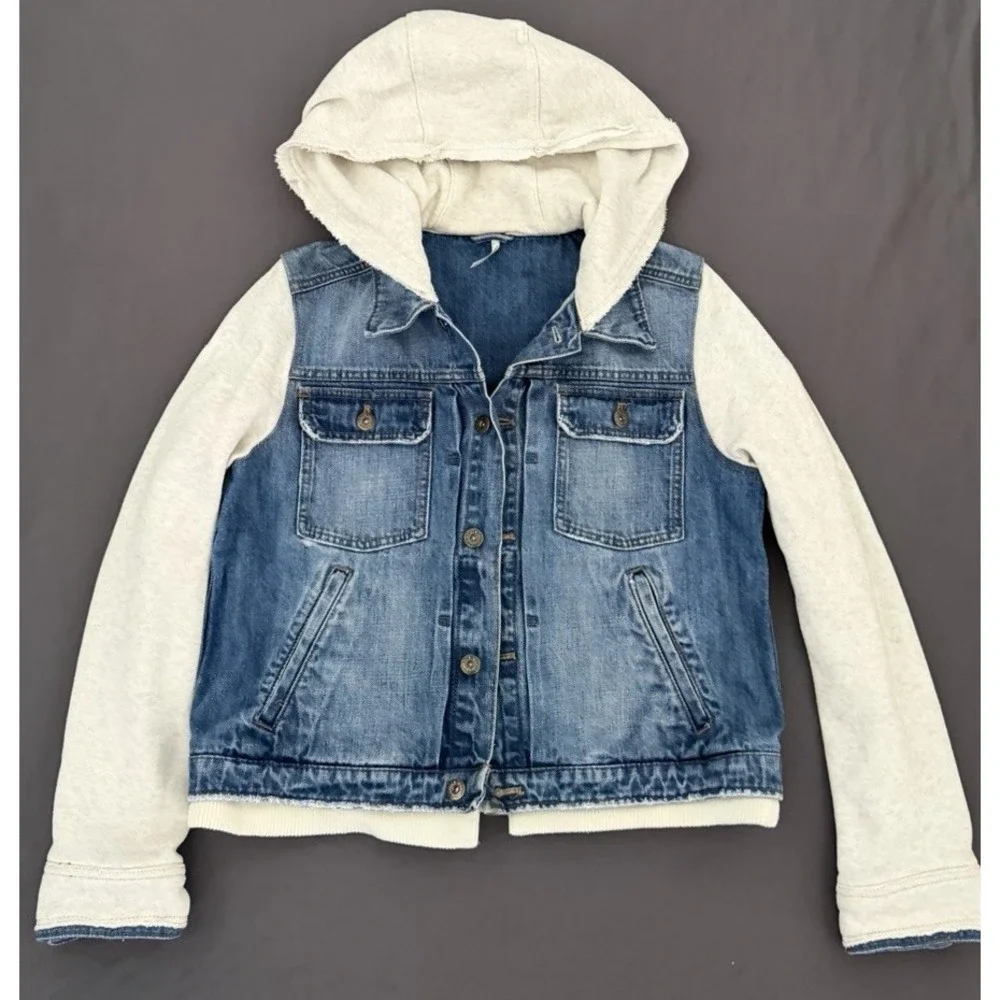 Free People Jacket Womens Size Large Blue Denim Knit Hooded Layered Jean Boho - Picture 11 of 12